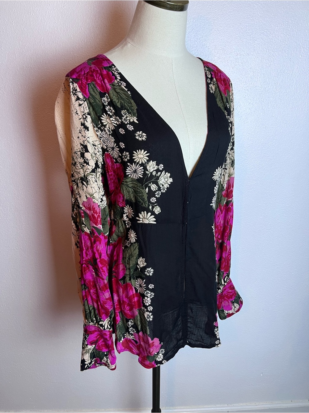Free People Black Blouse with Fuchsia Floral Print